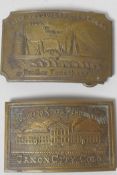Two Tiffany style brass belt buckles 'Colorado State Penitentiary Canon City' and 'Wells Fargo
