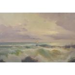 E. Sylvi, coastal landscape with rough seas and distant boats, oil on canvas, 26" x 18"