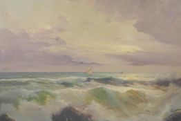 E. Sylvi, coastal landscape with rough seas and distant boats, oil on canvas, 26" x 18"