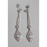 A pair of silver, cubic zirconium and opalite set Art Deco style drop earrings, 2" drop