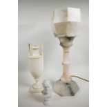 An Art Deco alabaster table lamp, with original alabaster shade mounted on a column base, 21" high x