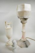 An Art Deco alabaster table lamp, with original alabaster shade mounted on a column base, 21" high x