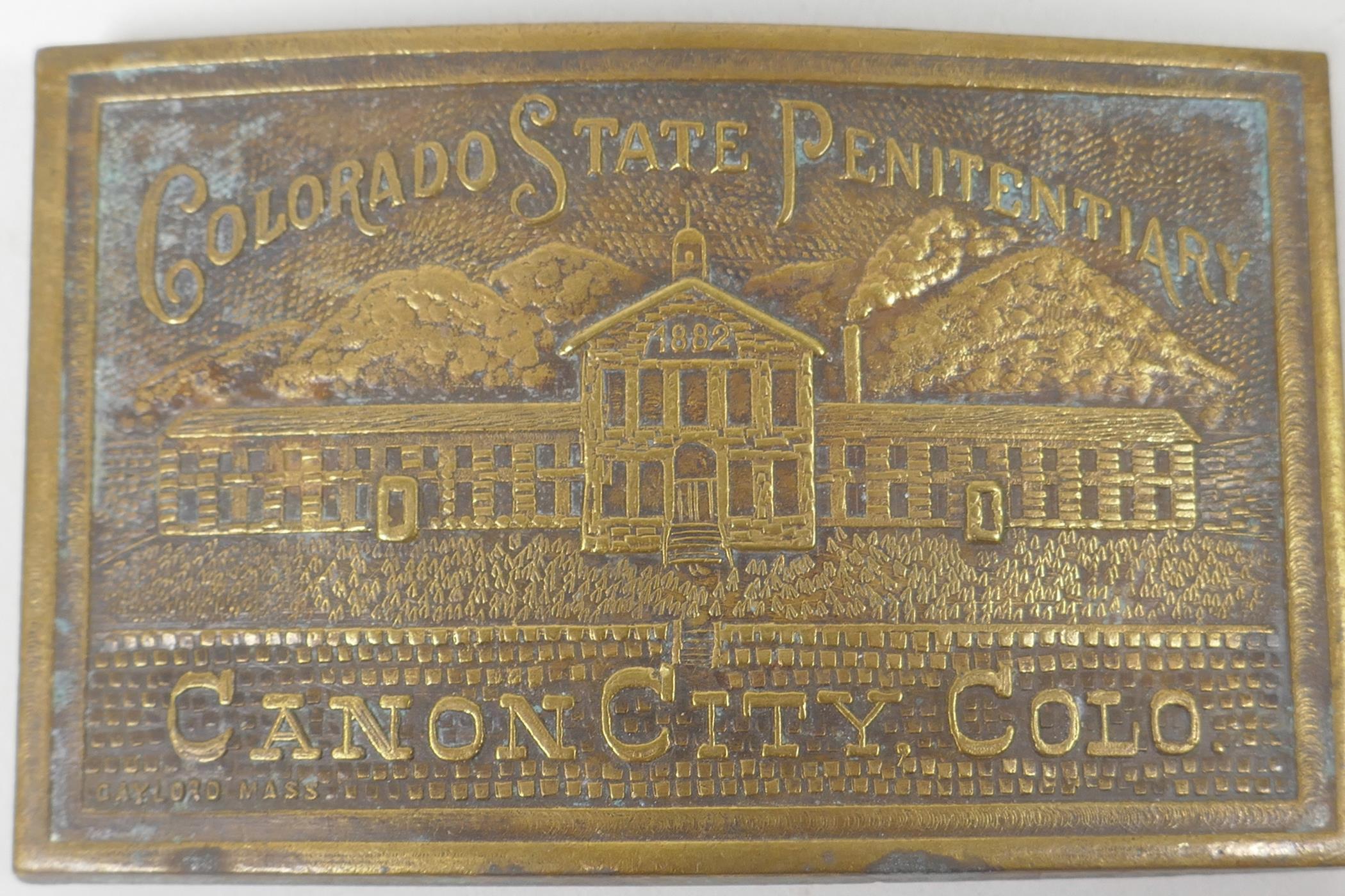 Two Tiffany style brass belt buckles 'Colorado State Penitentiary Canon City' and 'Wells Fargo - Image 2 of 5