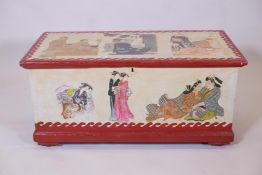 A C19th pine blanket chest with painted and decoupage decoration of Oriental figures, having iron