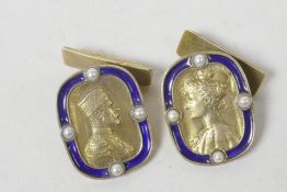 A pair of Russian gilt metal and enamel cufflinks embossed with Nicholas and Alexandra within an