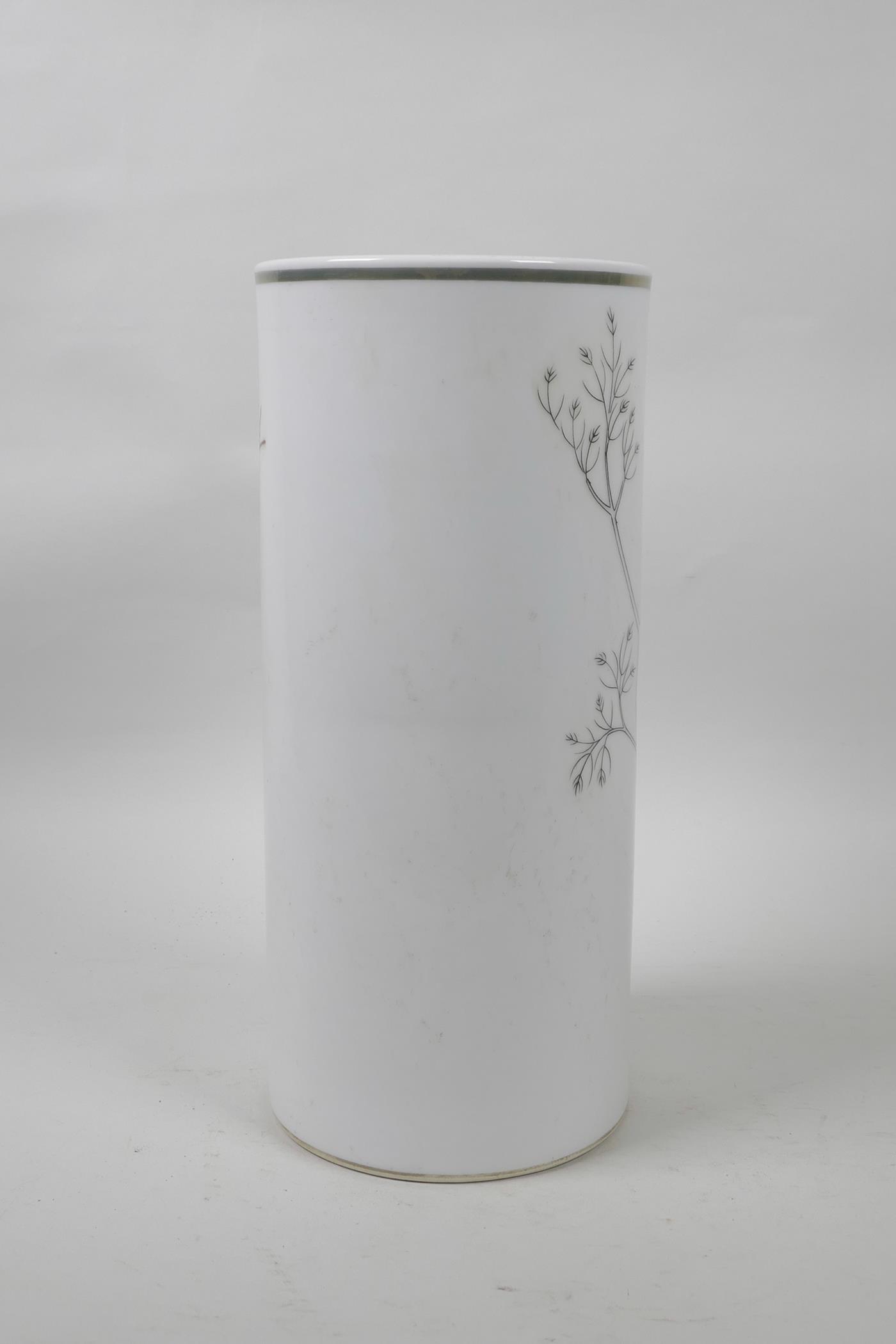 A Chinese polychrome cylinder vase decorated with birds and flowers, inscription verso, seal mark to - Image 3 of 5