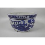 A Chinese blue and white porcelain jardiniere decorated with figures in a landscape, star cracks
