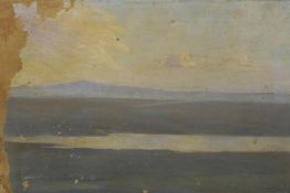 A late C19th/early C20th oil on canvas, landscape sketch, A/F, unframed, indistinctly signed, 18"