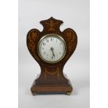 An Art Nouveau inlaid mahogany mantel clock with an enamel dial, 10½" high