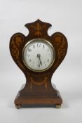 An Art Nouveau inlaid mahogany mantel clock with an enamel dial, 10½" high