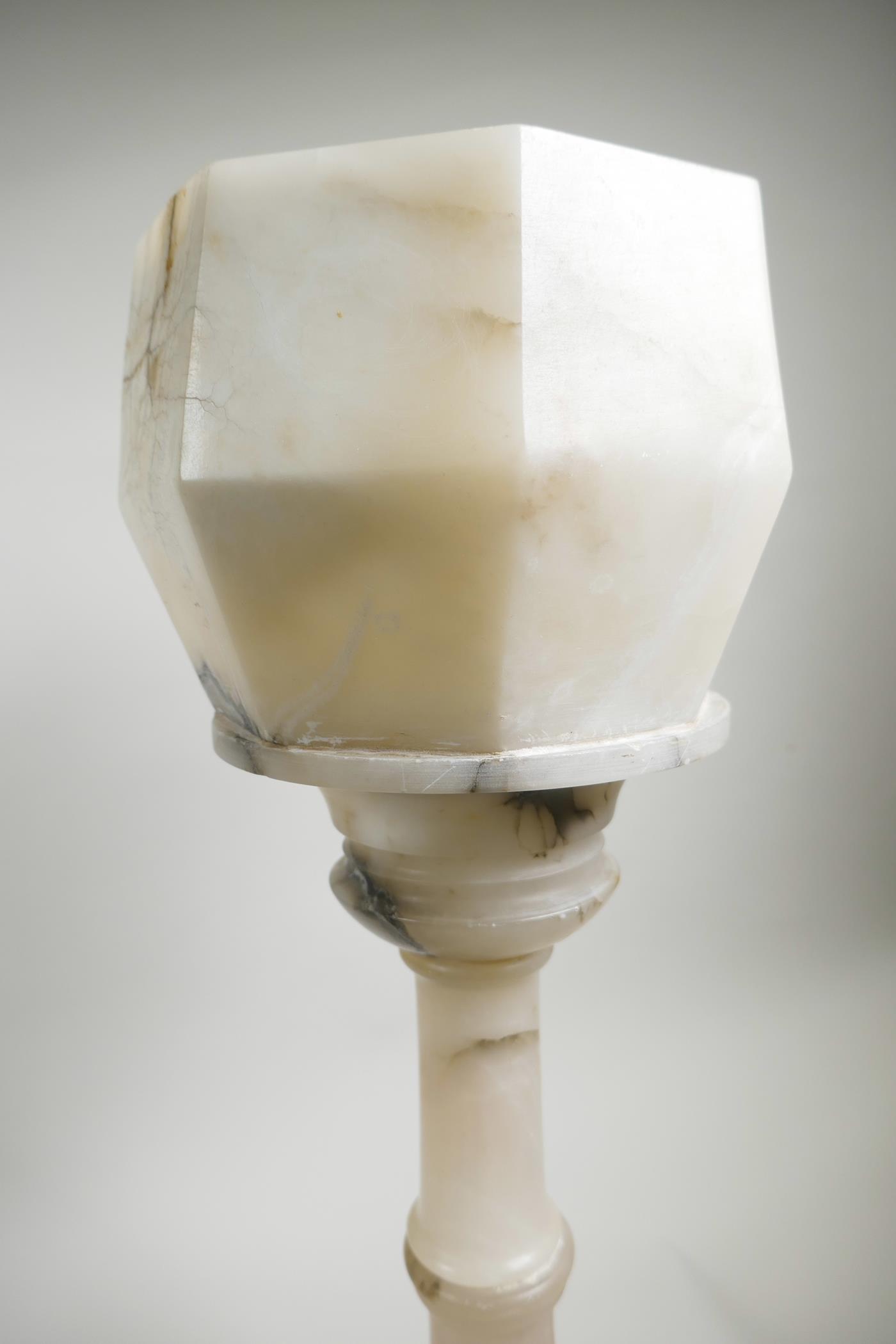 An Art Deco alabaster table lamp, with original alabaster shade mounted on a column base, 21" high x - Image 6 of 6