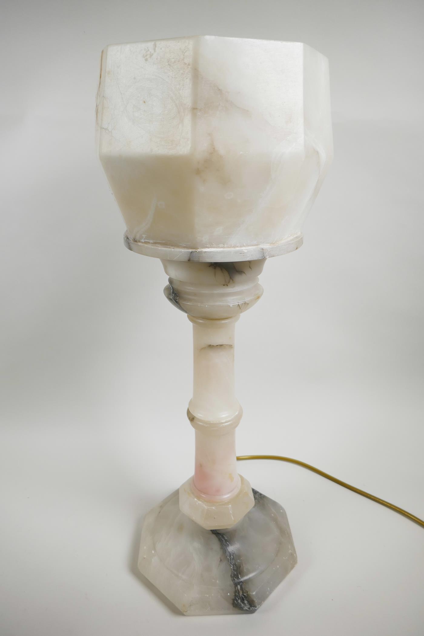 An Art Deco alabaster table lamp, with original alabaster shade mounted on a column base, 21" high x - Image 2 of 6