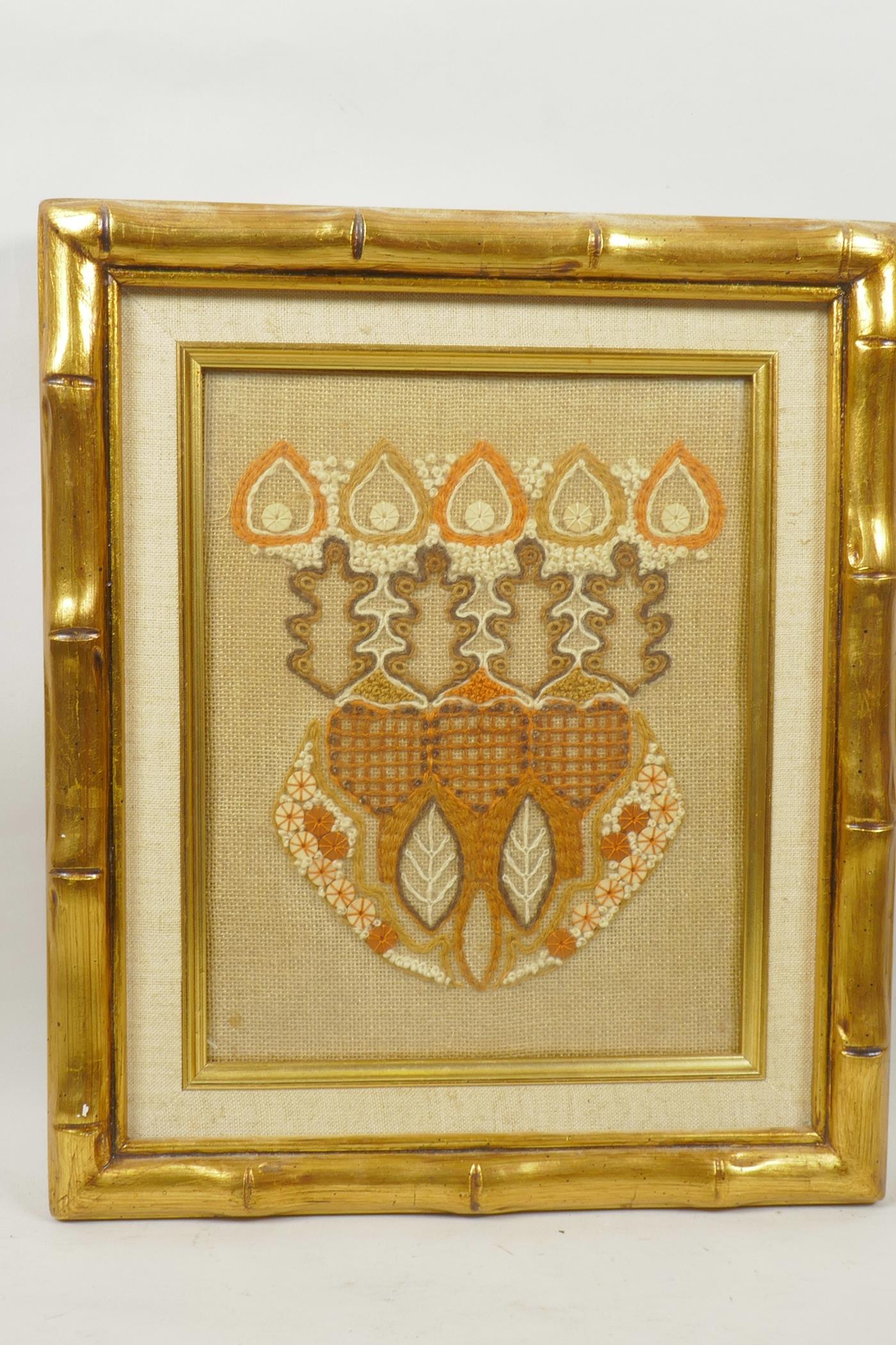 A framed decorative embroidered panel detailed verso: Original embroidered panel made by Jan Messant
