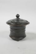A Chinese bronze burner and cover of waisted form, impressed 4 character seal mark to base, 3½" high