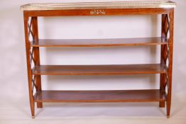 A French style mahogany etagere, with marble top and pierced brass gallery over three shelves, 56" x