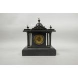 A late C19th slate neoclassical design portico style mantel clock with brass columns, 8½" high, A/