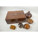 A C19th Cuban mahogany trinket box containing four turned treen boxes, and a small walnut stamp box