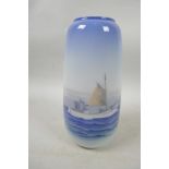 A Royal Copenhagen blue and white vase, decorated with a fishing boat, numbered 130.2 51F, 7" high