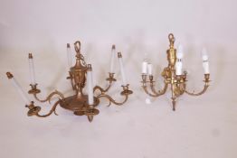 A brass six branch chandelier, together with another five branch chandelier, largest 26" diameter