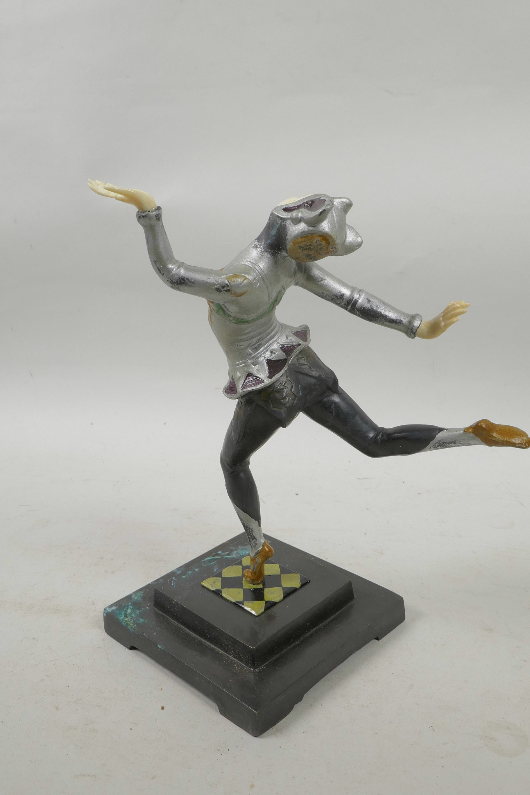 An Art Deco style cold painted bronze figure of a dancing woman with carved ivorine hands and - Image 2 of 4