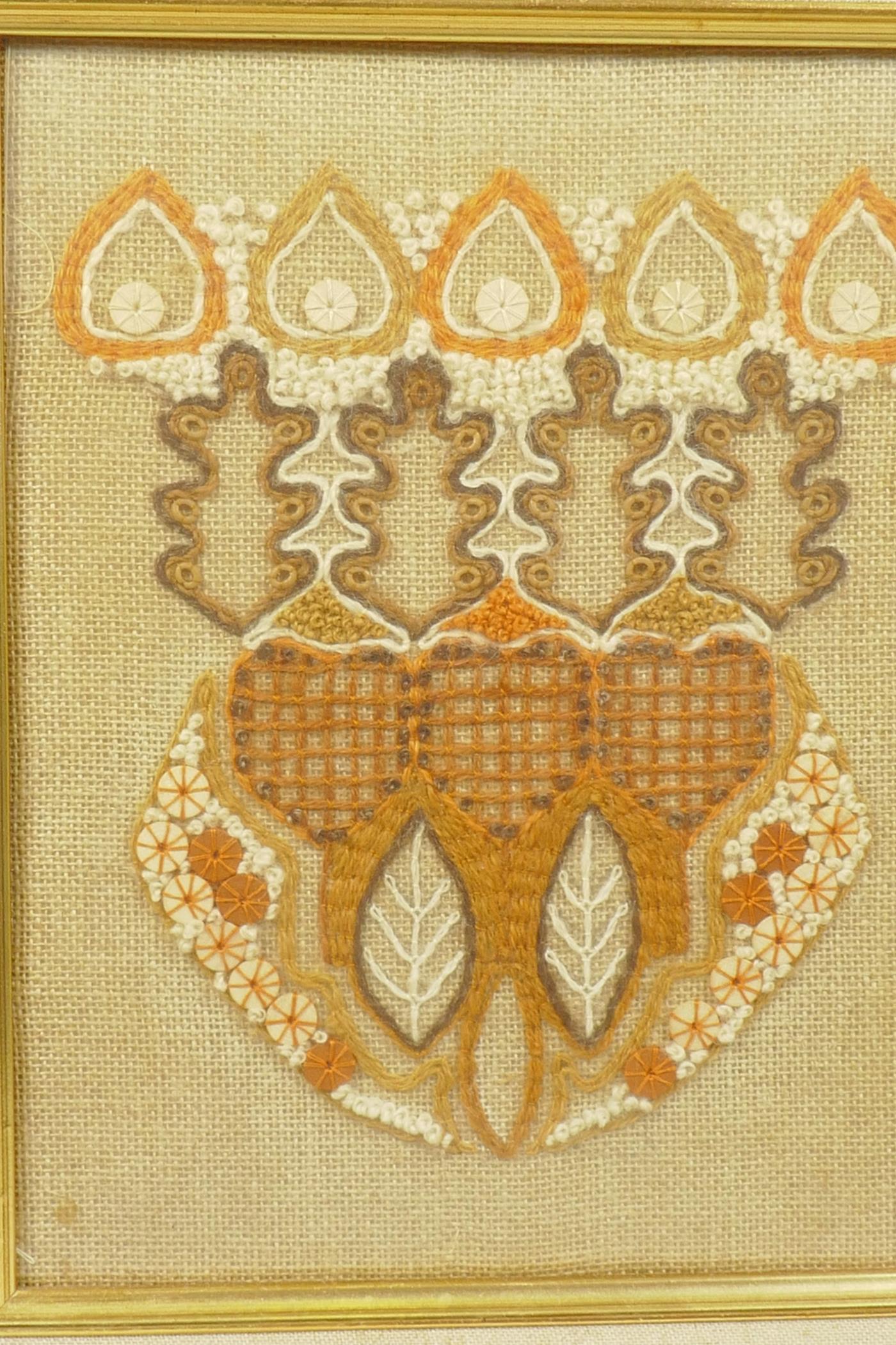 A framed decorative embroidered panel detailed verso: Original embroidered panel made by Jan Messant - Image 2 of 3