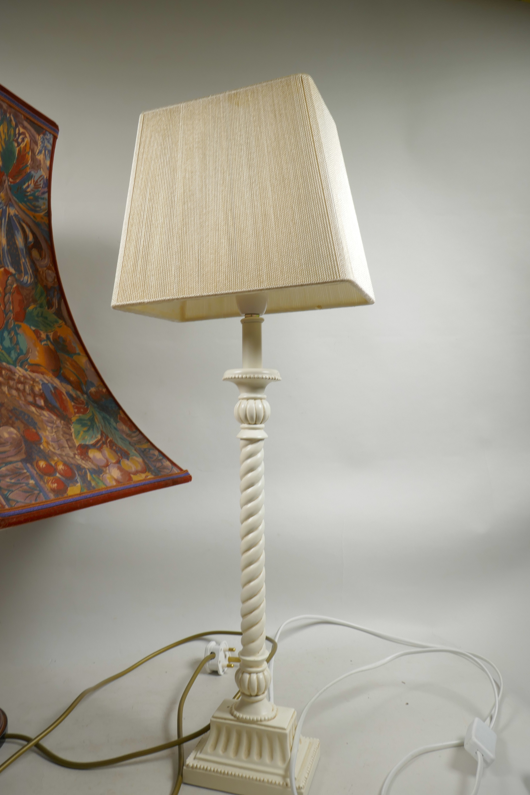 A turned wood urn shaped table lamp supplied by John Lewis, 20" high, with floral shade, together - Image 3 of 3