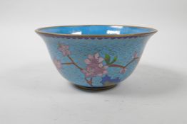 A Chinese cloisonne bowl with prunus blossom decoration, 6" diameter