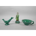 A Chinese Sancai glazed porcelain figure, together with a green glazed pottery cup/bowl and