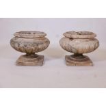 A pair of late C19th terracotta pedestal garden urns (possibly Portobello), 18" diameter