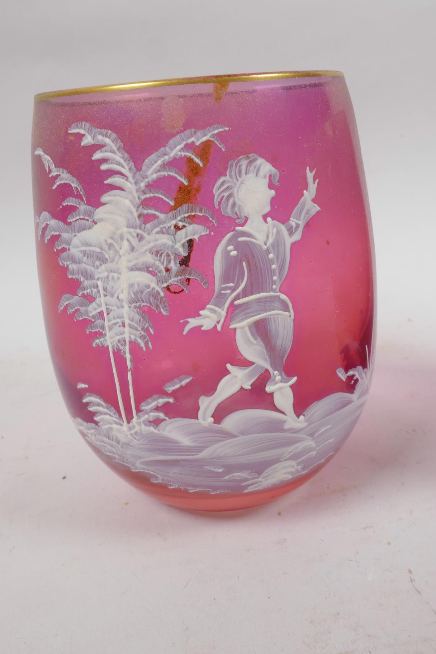 A pair of cranberry glass tumblers with Mary Gregory style decoration of young children and a - Image 2 of 3