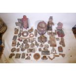 A quantity of vintage painted wood agricultural implements and a beer barrel, stamped Garrett,