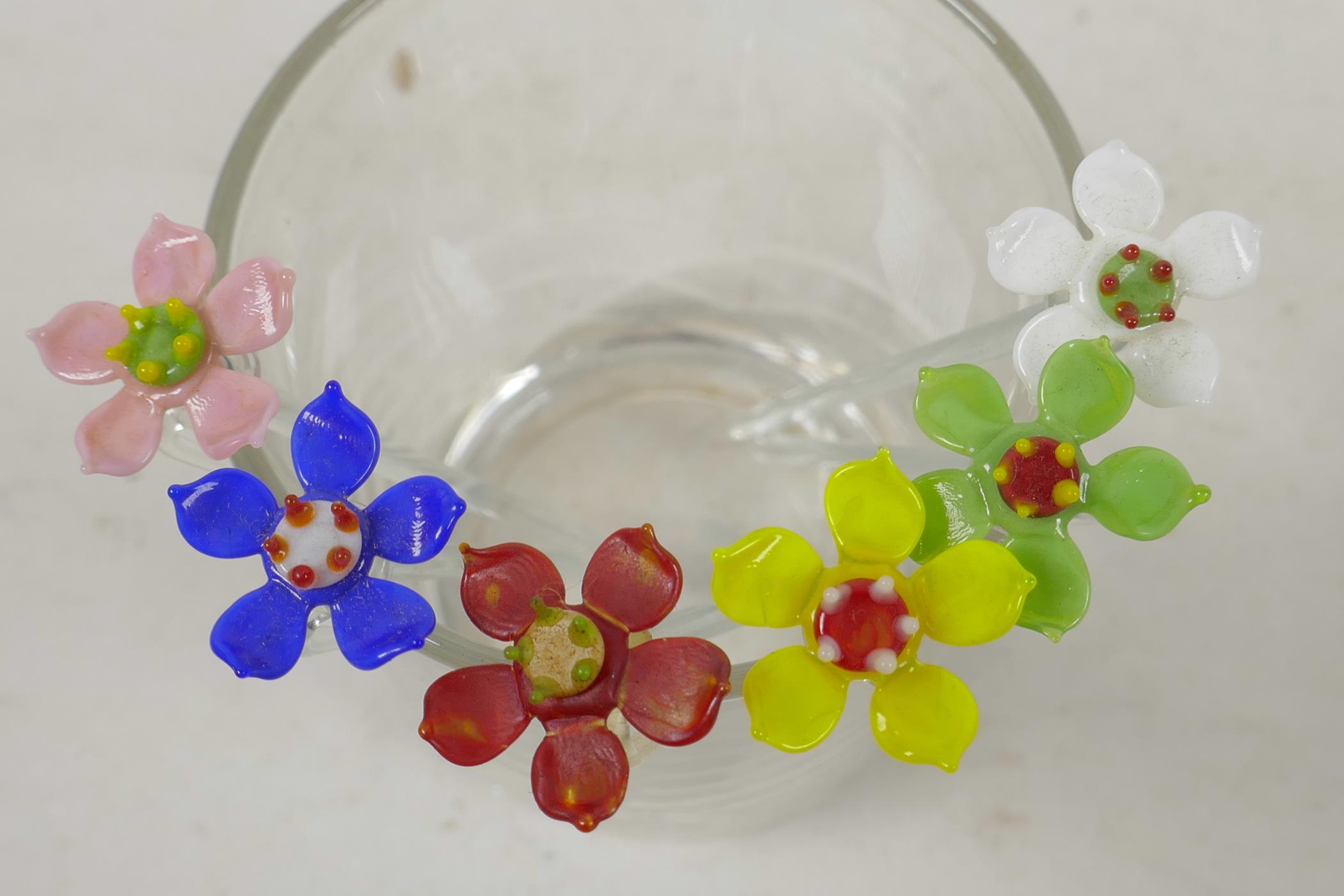 A set of six glass swizzle sticks, each with different coloured glass finials, 4" long - Image 2 of 2