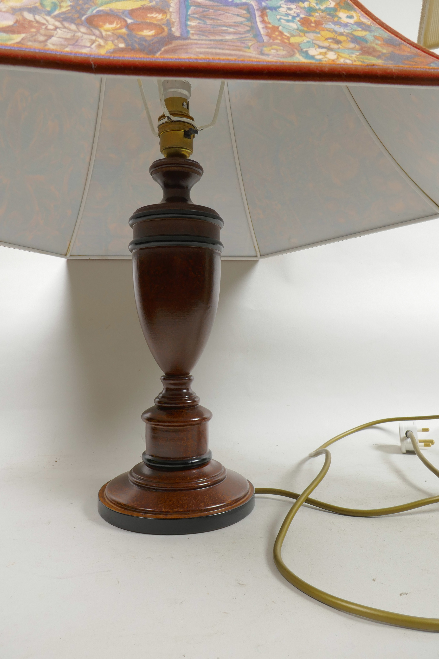 A turned wood urn shaped table lamp supplied by John Lewis, 20" high, with floral shade, together - Image 2 of 3