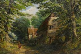 Rural landscape with figure by cottages, monogrammed, C19th oil on canvas, 11½" x 13½"