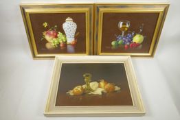 Fermor, still life with fruit and vegetables, two oils on board, one oil on canvas, signed,