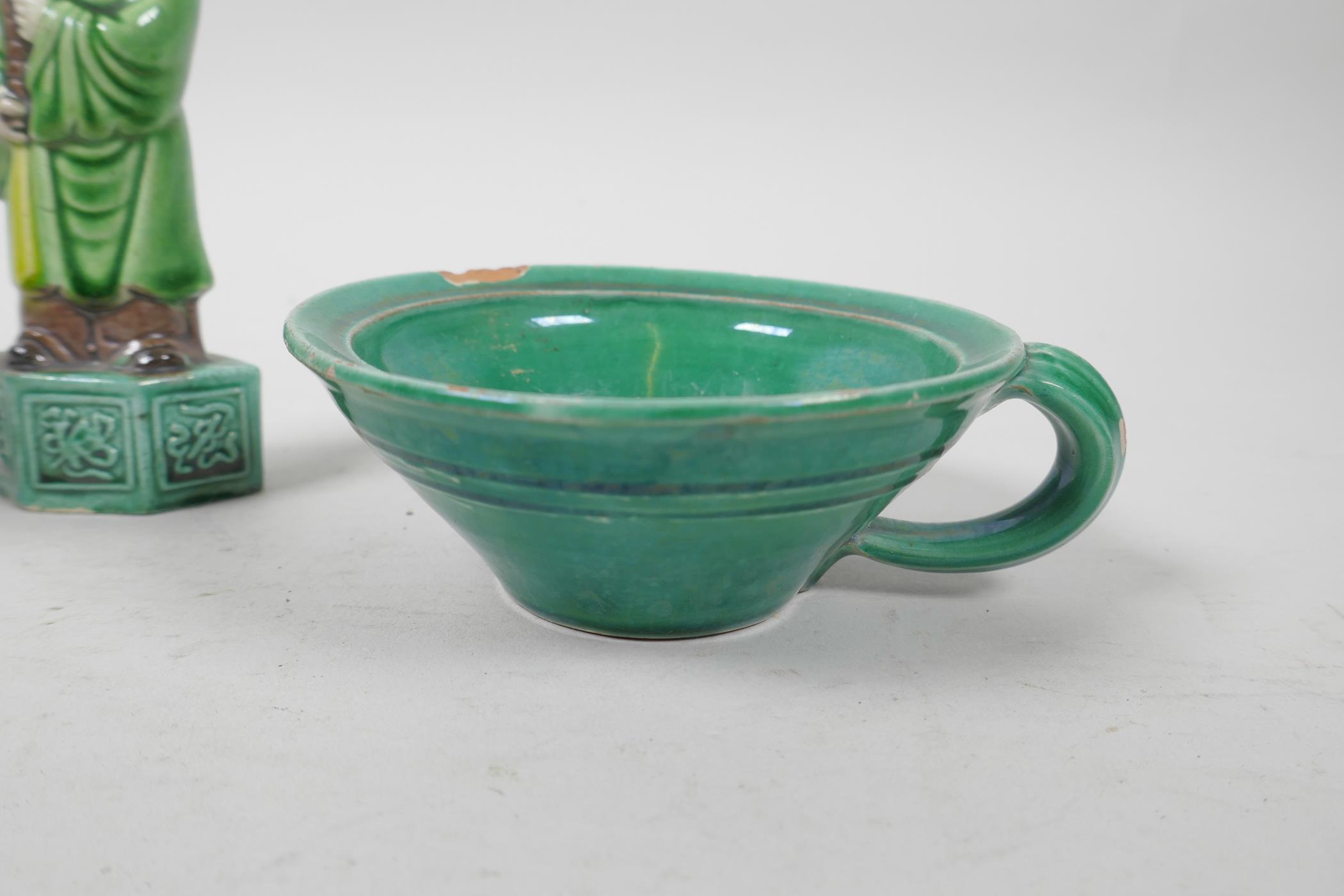 A Chinese Sancai glazed porcelain figure, together with a green glazed pottery cup/bowl and - Image 4 of 6