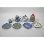 A collection of Chinese cloisonne and Canton enamel dishes, pots, teapots etc, decorated with