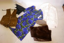 Vintage clothing to include a mink fur stole, a lady's blue silk halter neck dress, a gentleman's