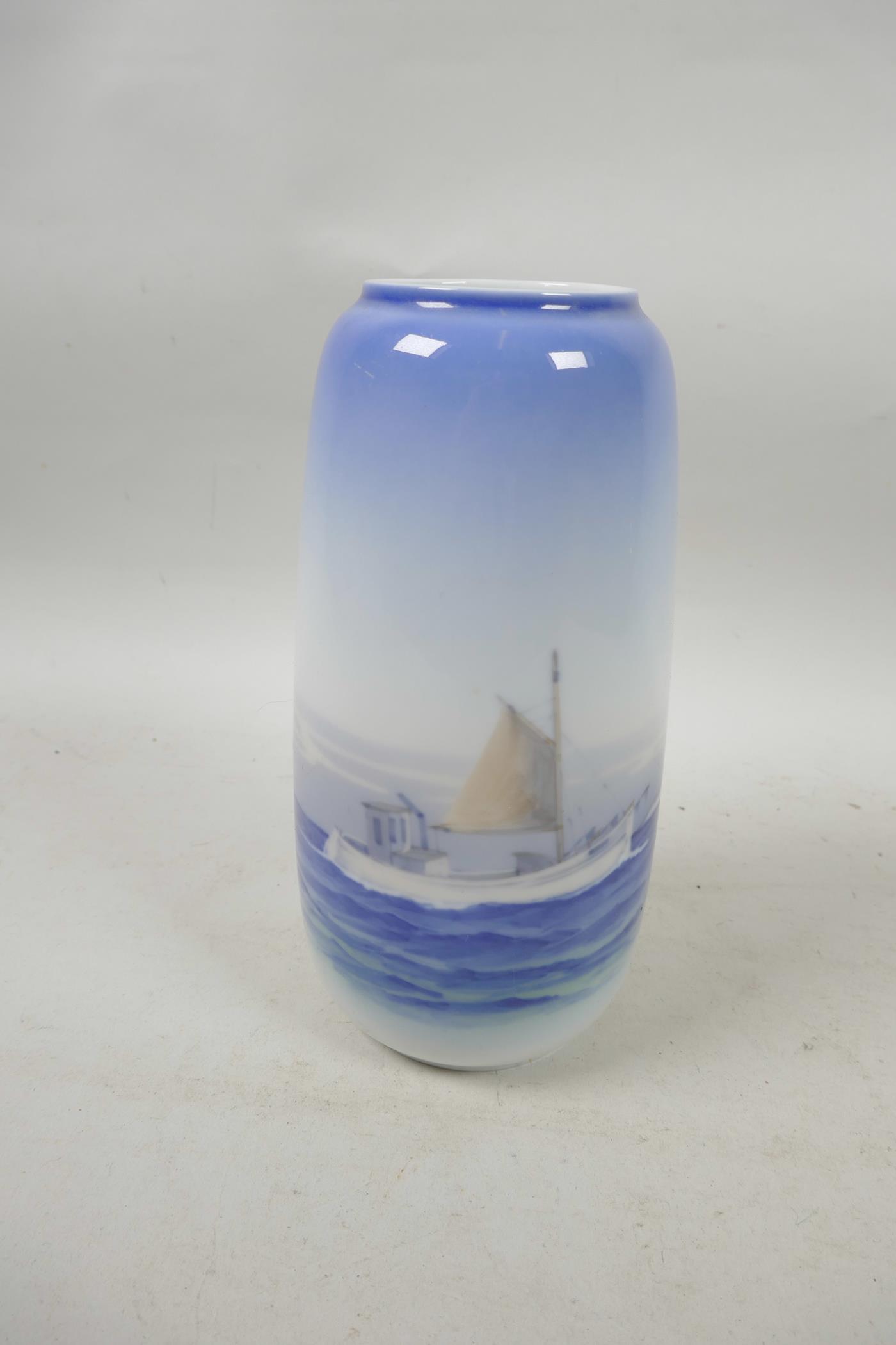 A Royal Copenhagen blue and white vase, decorated with a fishing boat, numbered 130.2 51F, 7" high - Image 2 of 3