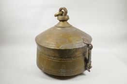 An Indian brass food container, 14" diameter x 15½" high