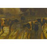 Autumnal landscape with cattle and drover, signed F. Hall, oil on canvas laid on board, 11" x 9½"