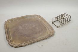 A square presentation hallmarked silver tray and a hallmarked silver toast rack, gross 784g