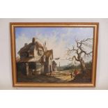 Attributed to Adrianus van der Koogh (1796-1831), travellers by a farmstead, oil on canvas, re-