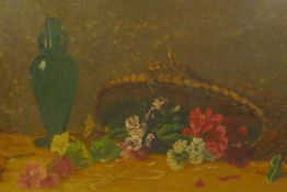 M. Butterworth, still life with a basket of flowers, signed, early C20th, oil on canvas, 30" x 12"