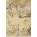 Four Chinese framed monochrome prints depicting figures in landscape scenes, mounted in a single