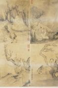 Four Chinese framed monochrome prints depicting figures in landscape scenes, mounted in a single