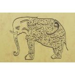 An Islamic calligraphic artwork of an elephant, 9½" x 7½"