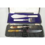 A bone handled carving knife and fork, 12" long, in fitted case (steel missing) together with a