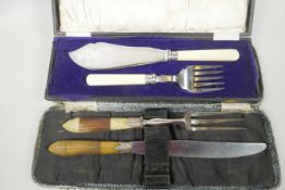 A bone handled carving knife and fork, 12" long, in fitted case (steel missing) together with a