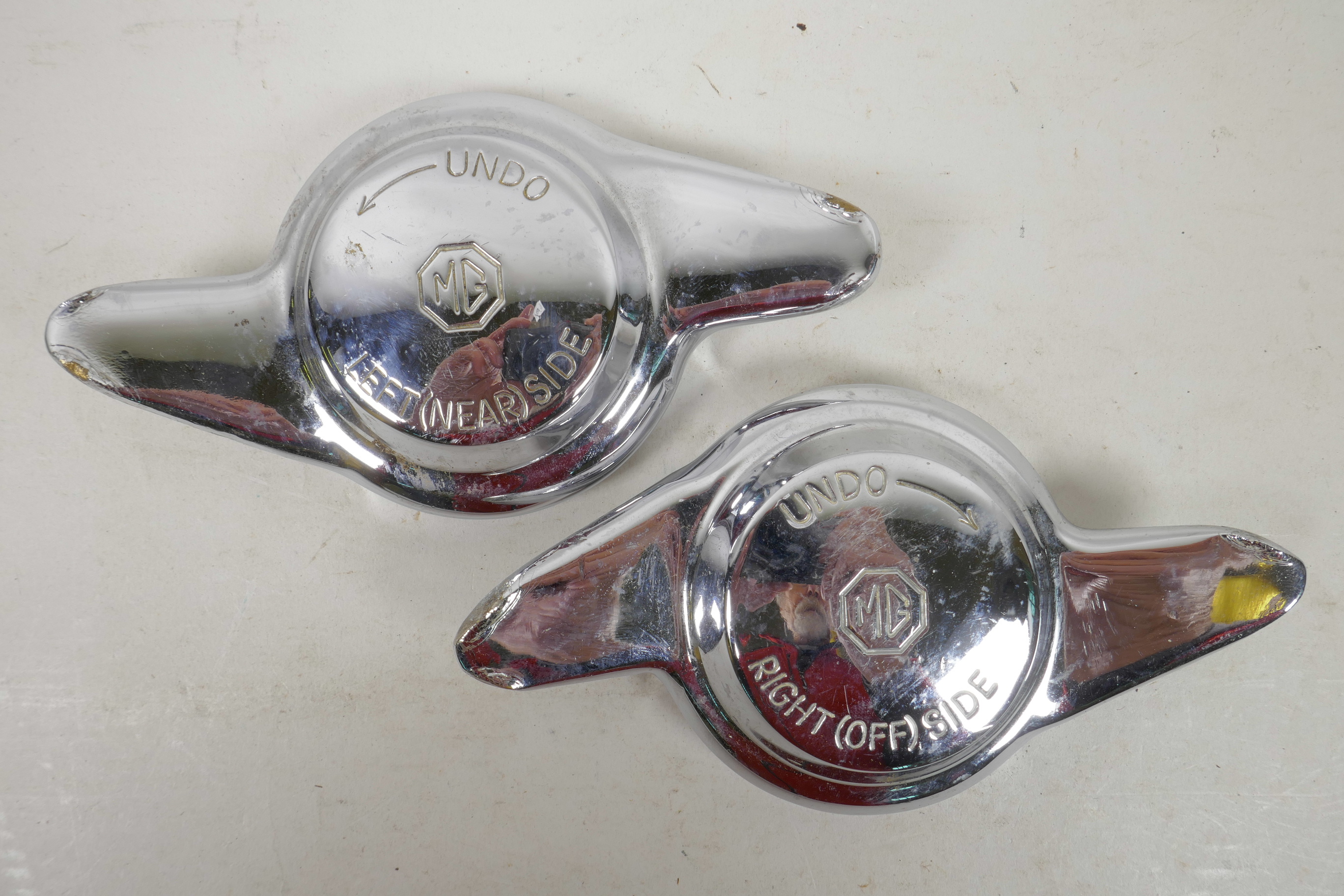 A pair of vintage chromium plated 'MG' wheel spinners - Image 2 of 2